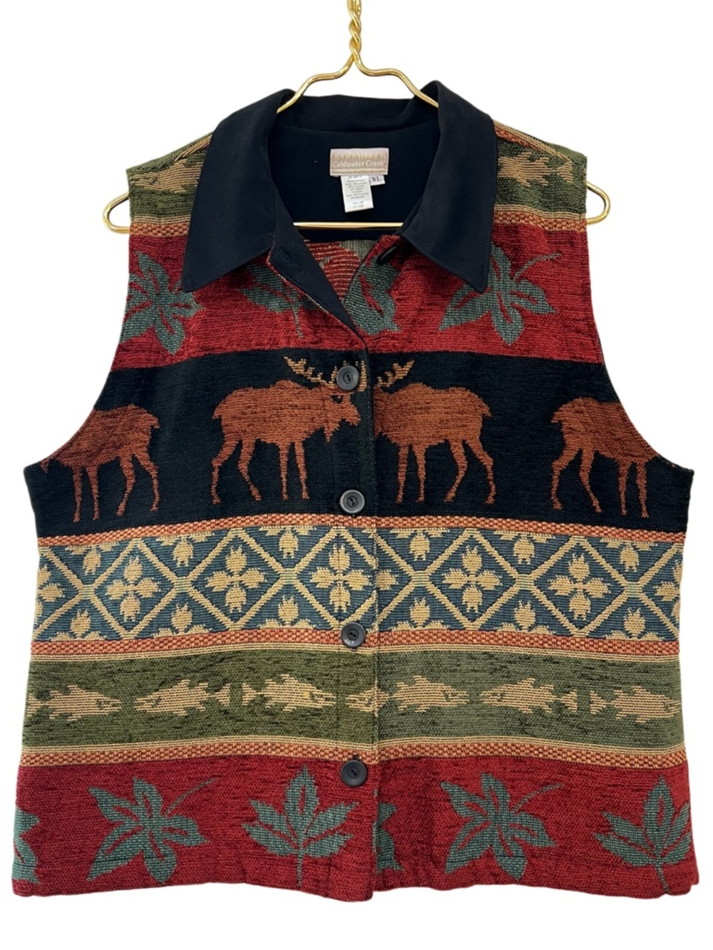 Vintage Coldwater Creek Tapestry Moose Cabin Vest USA XL